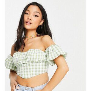 ASOS Design Green Gingham Puff Sleeve Crop Top Size 10 Petite EUC